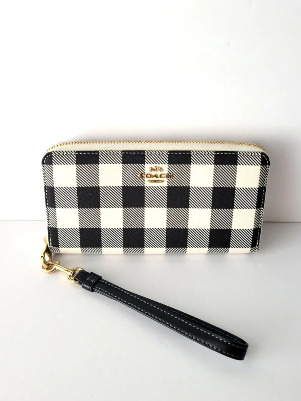 Coach CFA13 Long Zip Around Wallet Jacquard Gingham Print Wristlet Black Multi